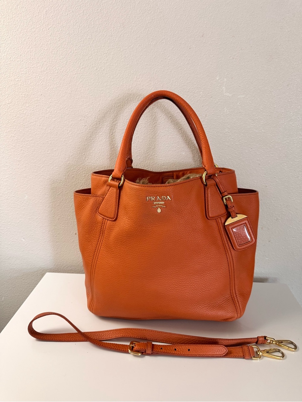 Prada Orange Pebbled Leather Tote with Removable Strap